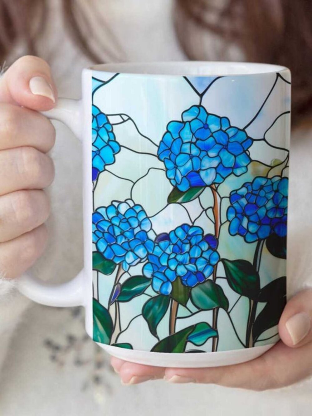 Stained Glass Blue Hydrangeas Flower Mug, Spring Floral Coffee Cup, Mother's Day
